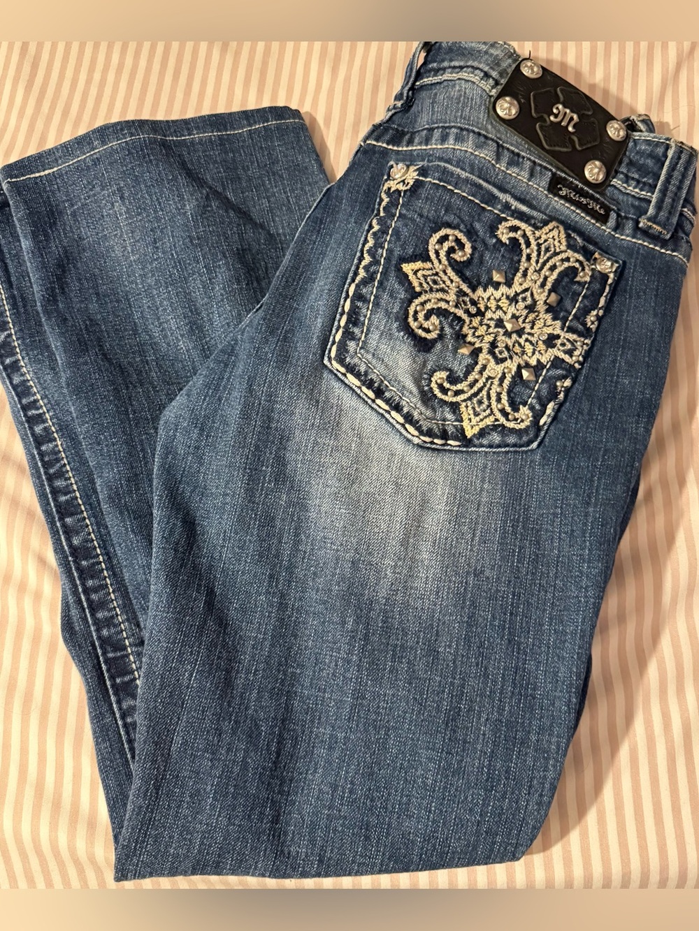 Miss Me Blue Denim Boot Cut Jeans with Embroidered Pocket